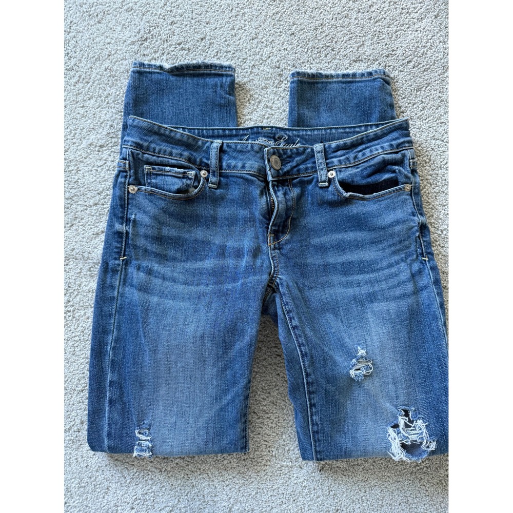 American Eagle Outfitters Women Skinny Jean Distressed Blue Stretch Size 4 Short